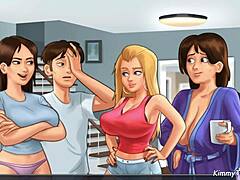 चीयरलीडर आउटफिट में बड़े स्तनों वाली दो महिलाओं की जासूसी करता हुआ पड़ोसी