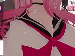 Kanako, a VTuber nyög és spriccel egy erotikus iskolás lány cosplay videójában ASMR hanggal