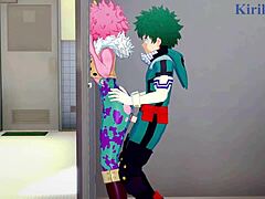 Mina Ashido, Momo Yaoyorozu och Izuku Midoriya engagerar sig i en intensiv trekant i My Hero Academia hentai