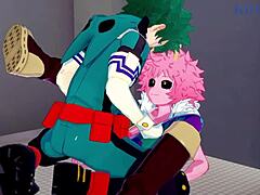 Mina Ashido ja Momo Yaoyorozu liittyvät Izuku Midoriya intensiiviseen kolmikkoon My Hero Academia hentai -pelissä