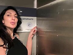 Amateur brunette gets creampied in a public restroom